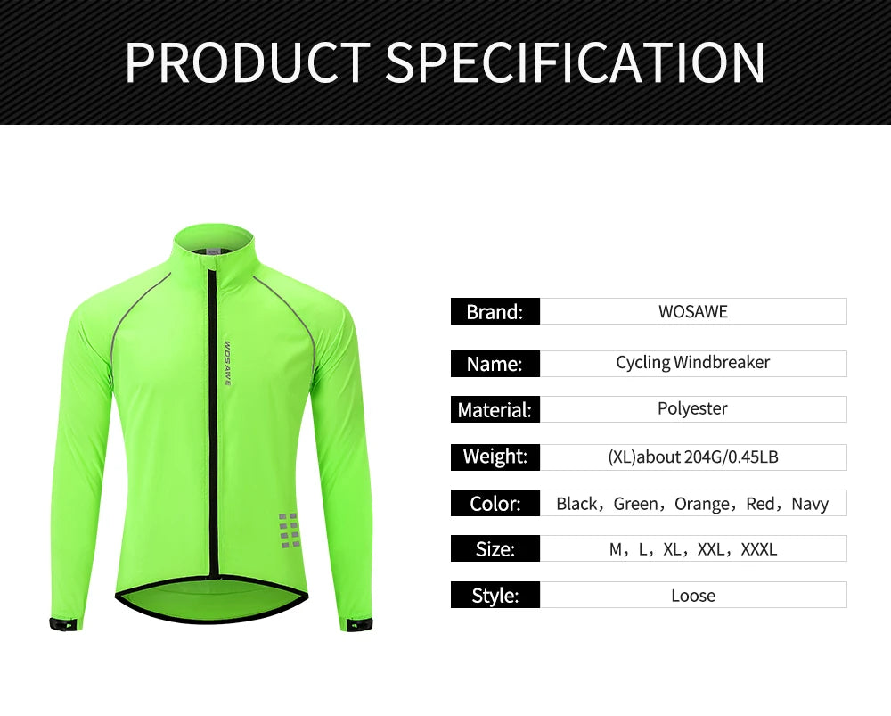 WOSAWE Men’s Ultralight Windproof Cycling Jacket – Reflective & Long Sleeve